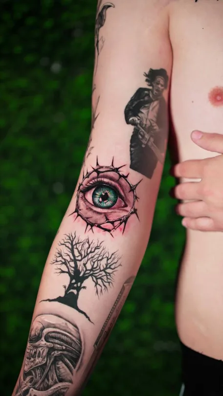 Arm tattoos including a portrait, green eye, bare tree and biomechanical creature