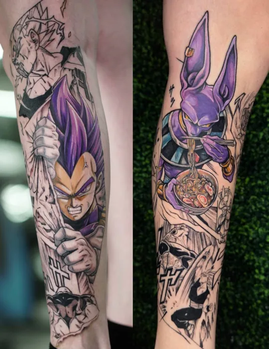 Two views of anime character tattoos with purple accents on an arm