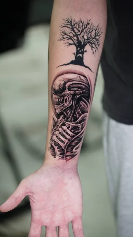 Close view of a biomechanical creature and a bare tree tattoo on a forearm