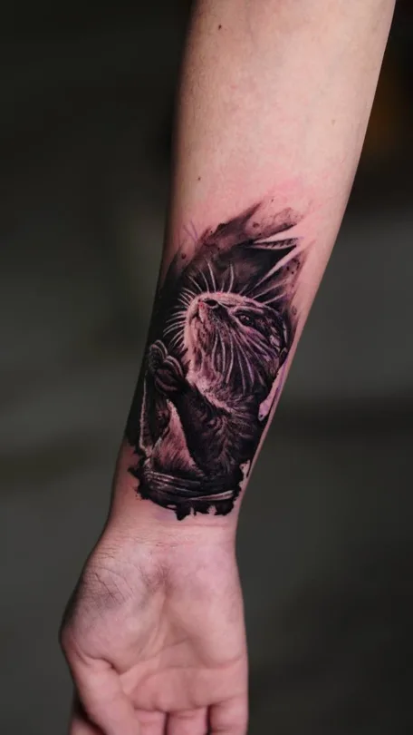 Dark raven tattoo with textured feathers on an inner forearm