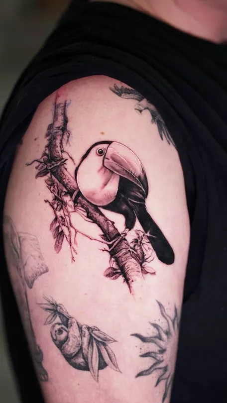 Black and grey toucan perched among branches and leaves tattoo on an upper arm
