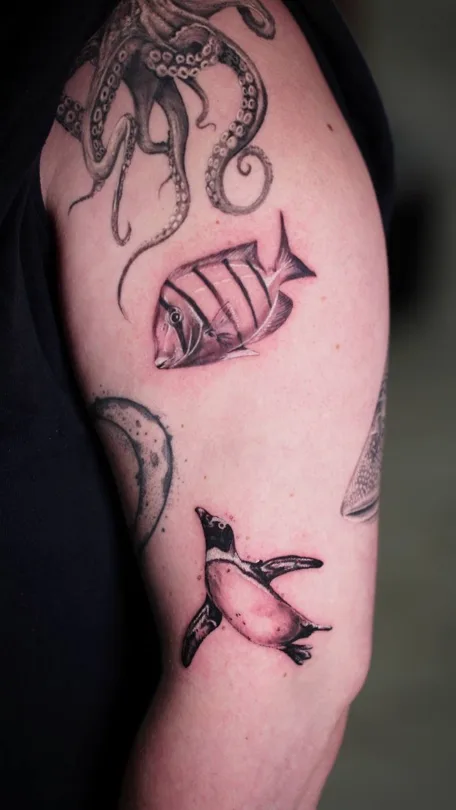 Black and grey octopus, striped fish and penguin tattoos on an upper arm