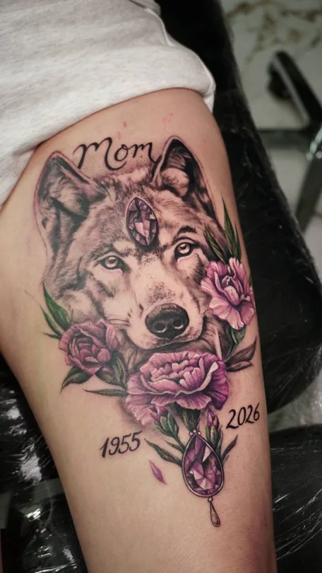Wolf portrait surrounded by purple roses with memorial lettering tattoo on an arm