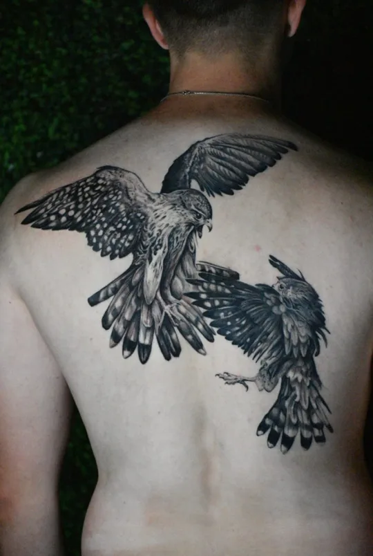 Black and grey birds tattoo across a back
