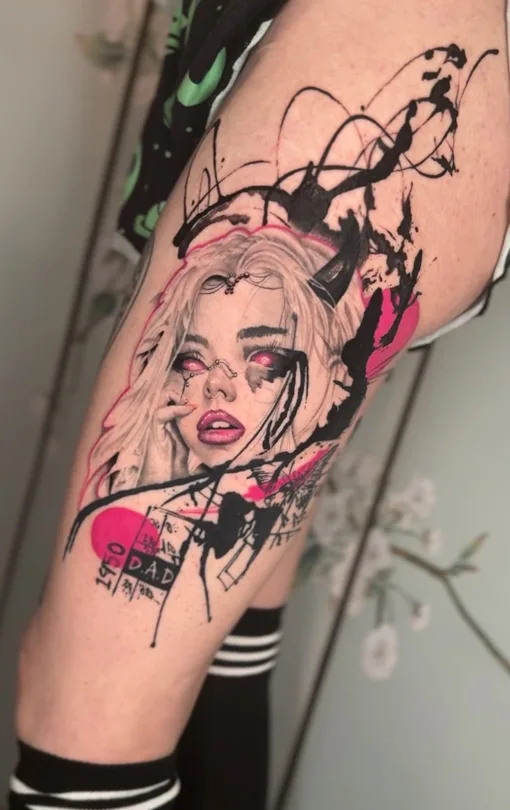 Portrait tattoo with graphic pink accents on an arm
