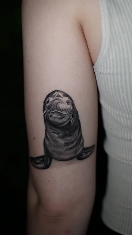 Black and grey wrapped figure tattoo on an upper arm
